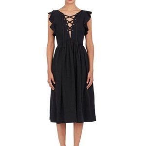 Ulla Johnson Karyn Lace Up Front Ruffle Sleeve Midi Dress Black Size 0